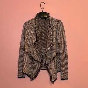 White House Black Market Black and Cream Fringe Drape Cardigan